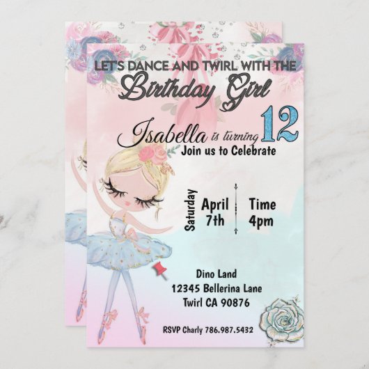 バレリーナが12歳の誕生日の招待状を手渡す 招待状 (正面/裏面)
