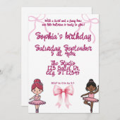 バレリーナとリボンのお誕生日パーティーへの招待 招待状 (正面/裏面)