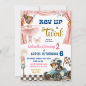 バレリーナとレーシングカーの共同誕生日 招待状 (正面)