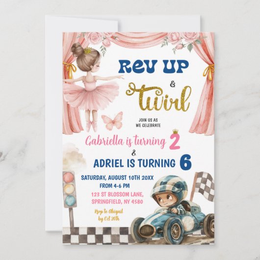 バレリーナとレーシングカーズの共同誕生日 招待状 (正面)