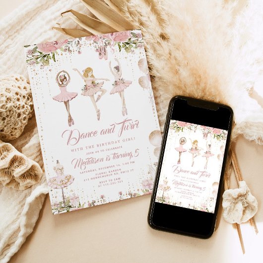 バレリーナのダンスと回転 ブッシュピンクの女の子の誕生日 招待状