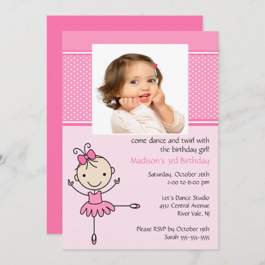 バレリーナのダンスの写真の誕生日の招待状 招待状 (正面/裏面)