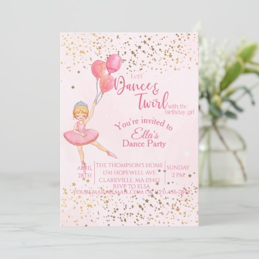 バレリーナのダンス ピンクの水彩画の誕生日 招待状 (スタンド正面)