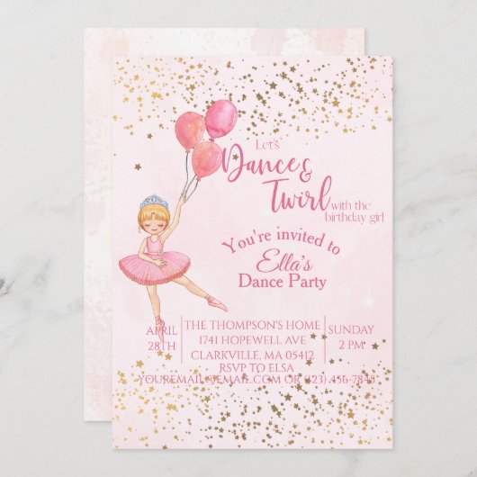 バレリーナのダンス ピンクの水彩画の誕生日 招待状 (正面/裏面)