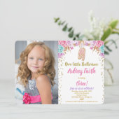 バレリーナのチュチュの誕生日のピンクの金ゴールドのティール(緑がかった色)の写真 招待状 (スタンド正面)