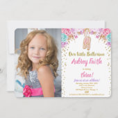 バレリーナのチュチュの誕生日のピンクの金ゴールドのティール(緑がかった色)の写真 招待状 (正面)