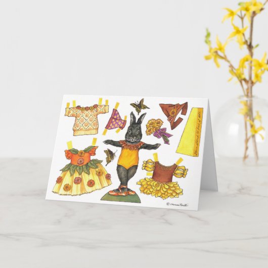 バレリーナのバニーのハロウィンのペーパー人形カード カード (黄色い花)