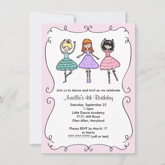 バレリーナのバレエの誕生会 招待状 (正面)