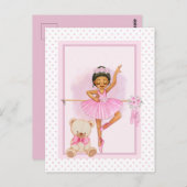 バレリーナの女の子とテディベア ピンクの水玉模様 ポストカード (正面/裏面)