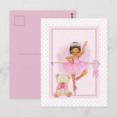 バレリーナの女の子 & テディベア ピンクの水玉 ポストカード (正面/裏面)