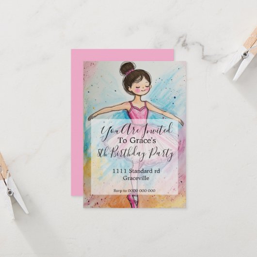 バレリーナの子供の誕生日パーティーの招待状 (正面/裏面インサイチュ)