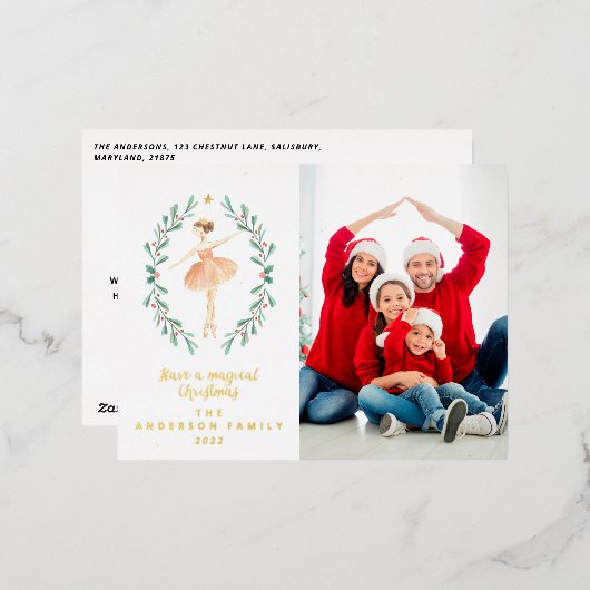 バレリーナの水彩画1枚 箔シーズンポストカード (正面/裏面)