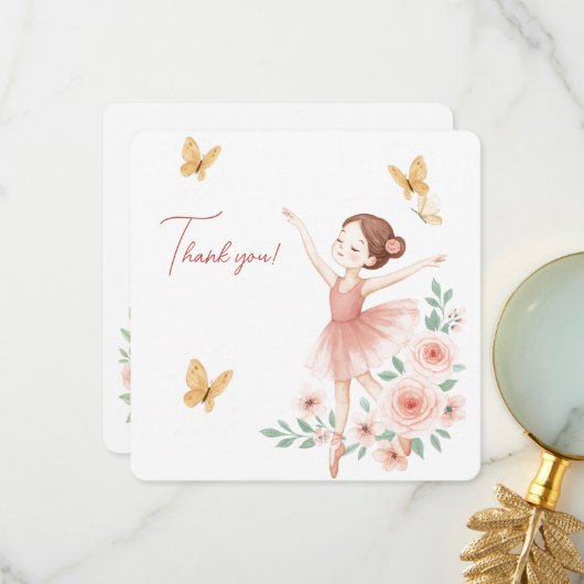 バレリーナの誕生日お礼カード – ピンクのバレエ サンキューカード (正面/裏面インサイチュ)