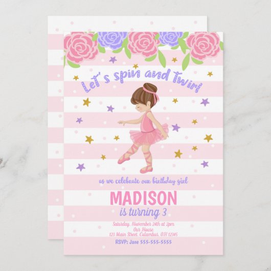 バレリーナの誕生日招待状 - チュチュ招待状 招待状 (正面/裏面)