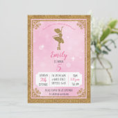 バレリーナの金ゴールドおよびピンクの誕生日のパーティの招待状 招待状 (スタンド正面)