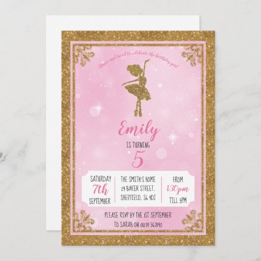 バレリーナの金ゴールドおよびピンクの誕生日のパーティの招待状 招待状 (正面/裏面)