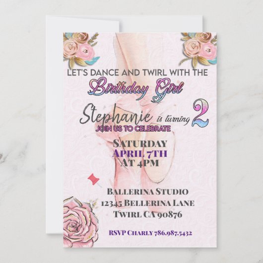 バレリーナの2歳の誕生日パーティー招待状 招待状 (正面)