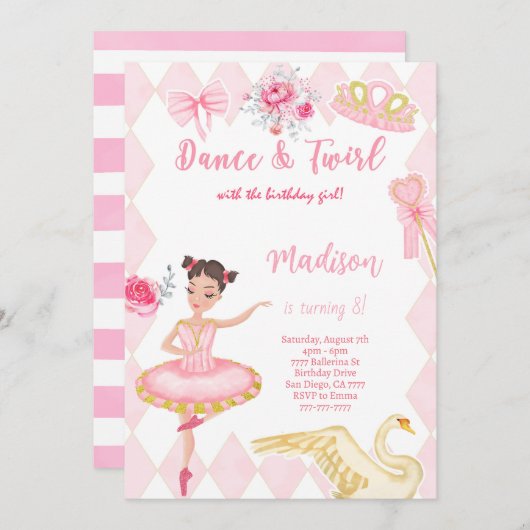 バレリーナの8歳の誕生日パーティー招待状 招待状 (正面/裏面)