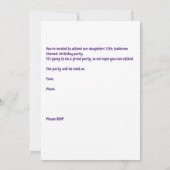 バレリーナをテーマにした誕生日パーティー12歳の女の子 招待状 (裏面)