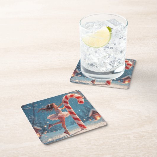 バレリーナアニメガール&キャンディーケーンクリスマス スクエアペーパーコースター (インサイチュ)