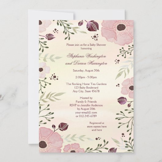 バレリーナウォーターカラーポピー赤ちゃんシャワー 招待状 (裏面)