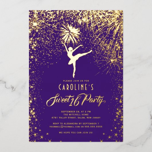 バレリーナエレガント花火スウィート16紫金ゴールド 箔招待状 (正面)