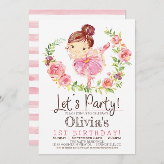 バレリーナガールピンクバースデーパーティーへの招待 招待状 (正面/裏面)