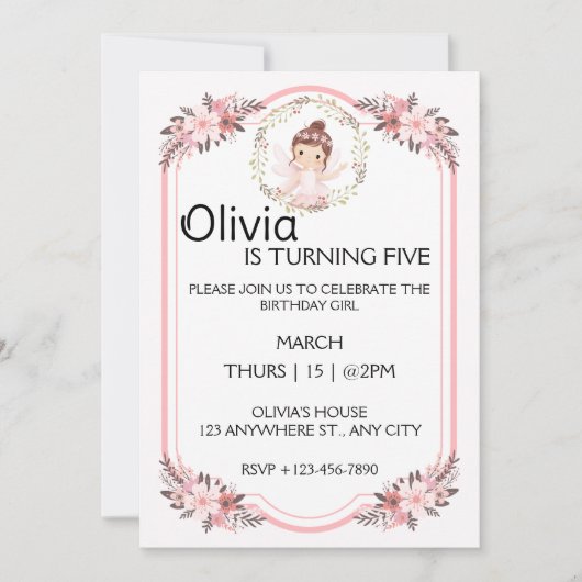 バレリーナガールピンクフローラリースバースデーパーティー 招待状 (正面)