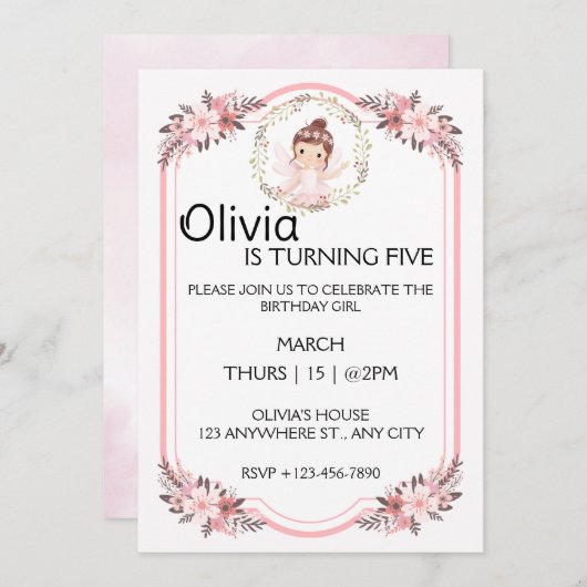 バレリーナガールピンクフローラリースバースデーパーティー 招待状 (正面/裏面)