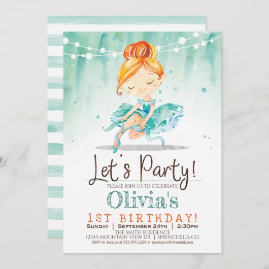 バレリーナガールミントバースデーパーティーの招待 招待状 (正面/裏面)