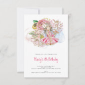 バレリーナキャット花模様ピンクガール7thバースデーパーティー 招待状 (正面)