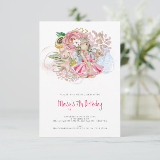 バレリーナキャット花模様ピンクガール7thバースデーパーティー 招待状 (スタンド正面)