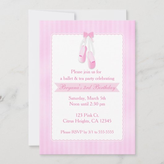 バレリーナスリッパーズピンクバレエパーティの招待状 招待状 (正面)