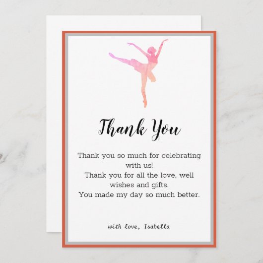 バレリーナダンサー誕生日感謝カード 招待状 (正面/裏面)