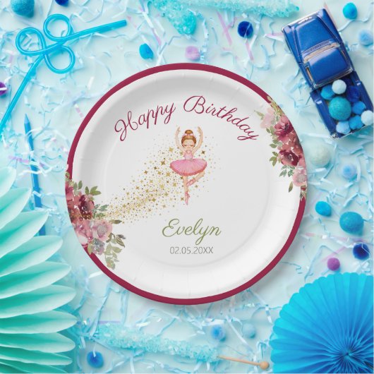 バレリーナダンサー|ピンクフローラバレエ誕生日 ペーパープレート (パーティー)