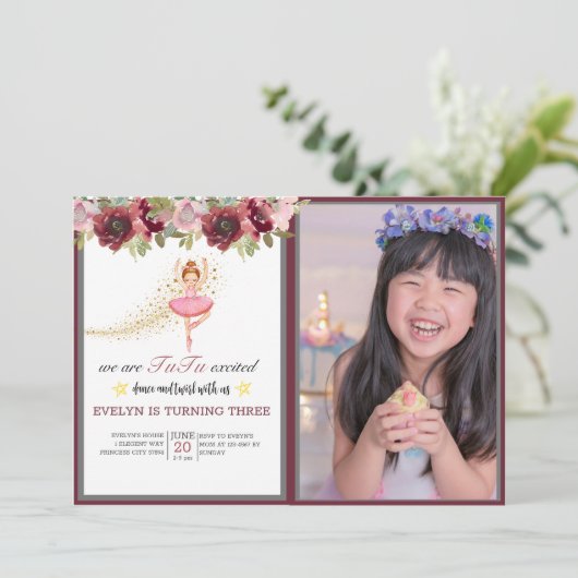 バレリーナダンサー|ピンクフローラバレエ誕生日 招待状 (スタンド正面)