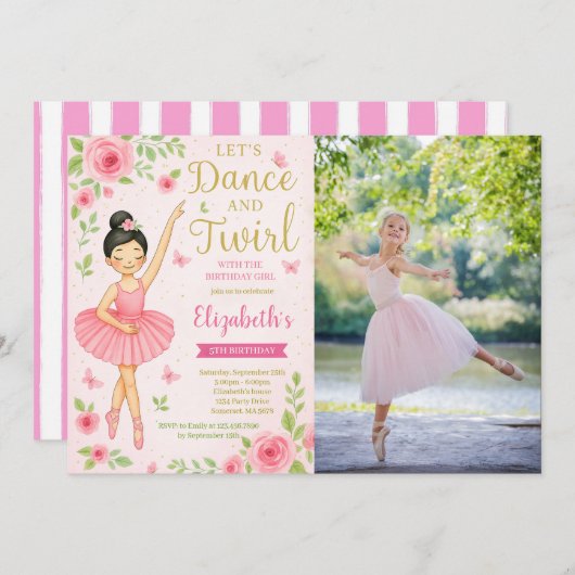 バレリーナダンスとトゥウィル誕生日写真 招待状 (正面/裏面)