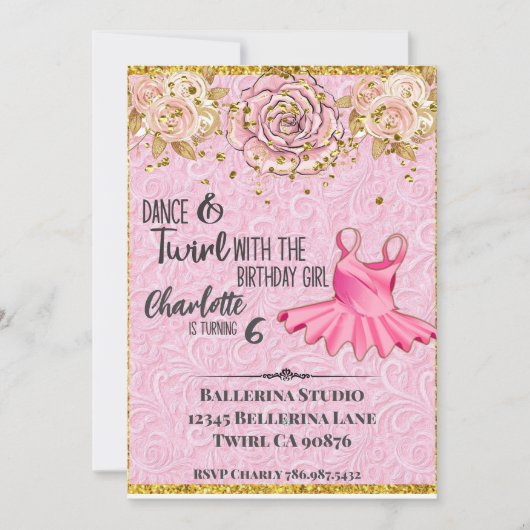バレリーナツチュピンクの誕生日の招待 招待状 (正面)