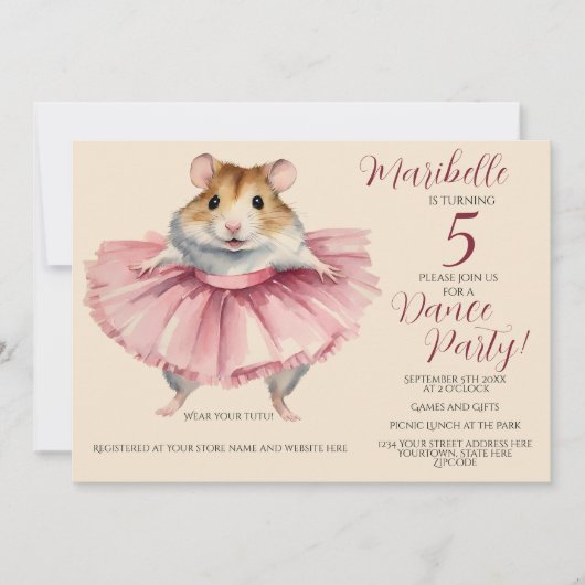 バレリーナハムスターガールズバースデーパーティー 招待状 (正面)