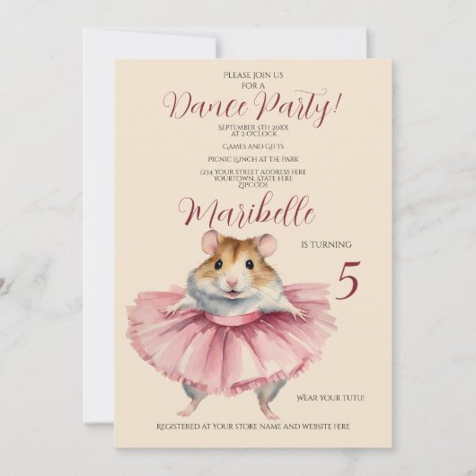 バレリーナハムスターガールズバースデーパーティー 招待状 (正面)