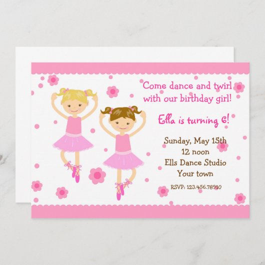 バレリーナバレエダンサーバースデーパーティ招待状 招待状 (正面/裏面)