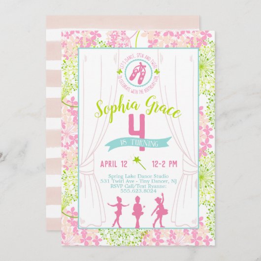 バレリーナバースデーパーティーの招待 招待状 (正面/裏面)
