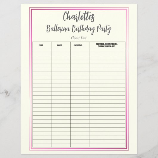バレリーナバースデーパーティーゲストリスト (正面)