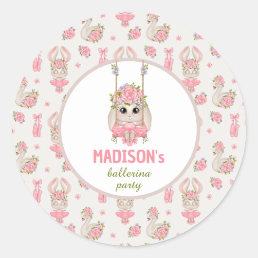 バレリーナパーティーピンクフローラバニー女の子の誕生日 ラウンドシール (正面)
