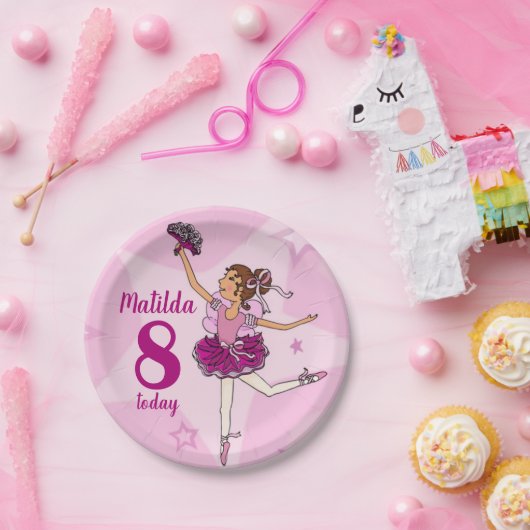 バレリーナピンクガール8歳の誕生日パーソナライズされた名 ペーパープレート (パーティー)