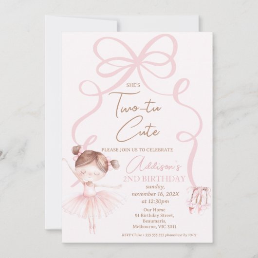 バレリーナピンクツーツートゥキュート2歳の誕生日 招待状 (正面)