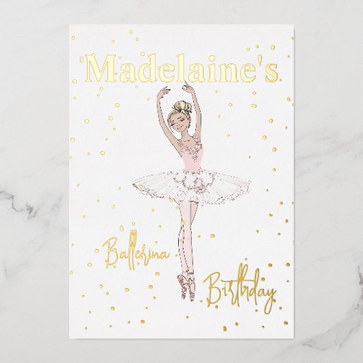 バレリーナピンクトゥトゥガールズバースデーパーティー 箔招待状 (正面)