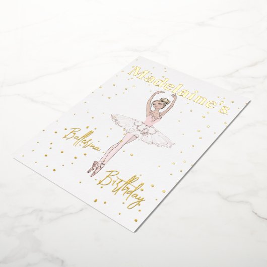バレリーナピンクトゥトゥガールズバースデーパーティー 箔招待状 (回転した状態)