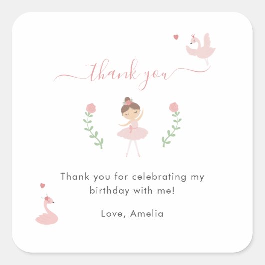 バレリーナピンク誕生日サンキューフェイスステッカー スクエアシール (正面)