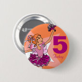 バレリーナピンク&オレンジの女の子の誕生日ボタン 缶バッジ (正面&裏面)